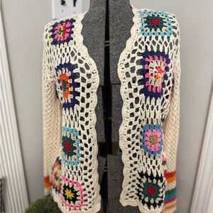Women’s Floral Crotchet Granny Square Open Front Cardigan size Small